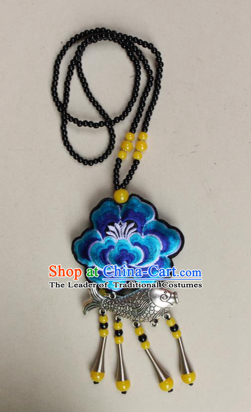 Traditional Chinese Miao Nationality Crafts Jewelry Accessory, Hmong Handmade Miao Silver Fish Beads Tassel Embroidery Peony Pendant, Miao Ethnic Minority Necklace Accessories Sweater Chain Pendant for Women