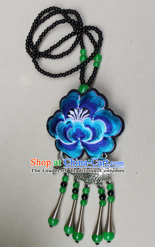 Traditional Chinese Miao Nationality Crafts Jewelry Accessory, Hmong Handmade Miao Silver Fish Beads Tassel Embroidery Peony Pendant, Miao Ethnic Minority Necklace Accessories Sweater Chain Pendant for Women