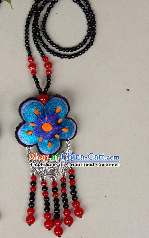 Traditional Chinese Miao Nationality Crafts Jewelry Accessory, Hmong Handmade Black Beads Tassel Double Side Embroidery Flowers Pendant, Miao Ethnic Minority Necklace Accessories Sweater Chain Pendant for Women