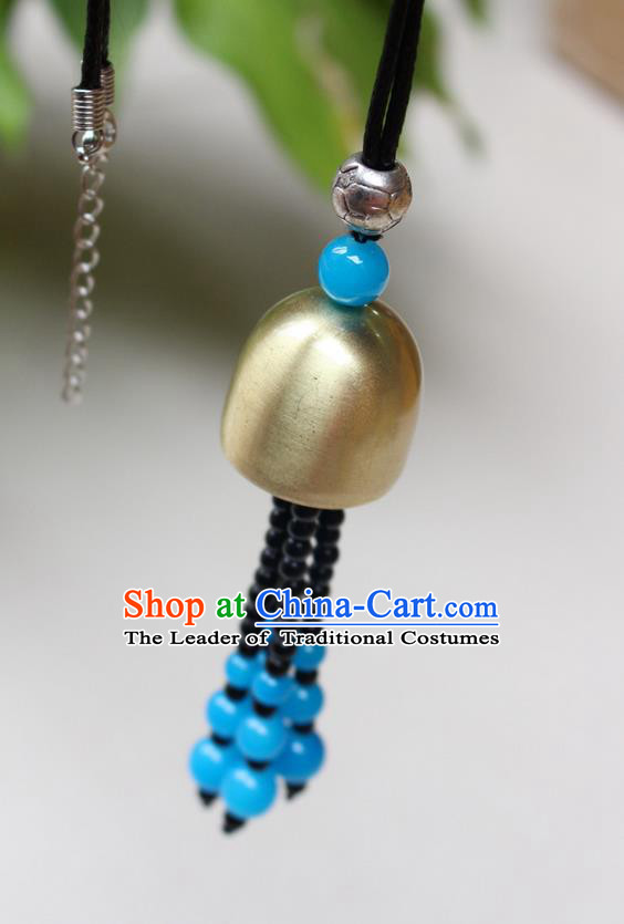 Traditional Chinese Miao Nationality Crafts Jewelry Accessory, Hmong Handmade Copper Bell Beads Tassel Pendant, Miao Ethnic Minority Avoid Evil Necklace Accessories Sweater Chain Pendant for Women