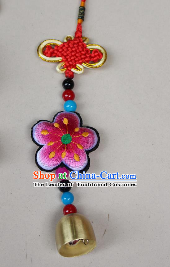 Traditional Chinese Miao Nationality Crafts Jewelry Accessory, Hmong Handmade Copper Bell Tassel Chinese Knot Embroidery Pink Flowers Pendant, Miao Ethnic Minority Haven Evil Bell Car Accessories Pendant