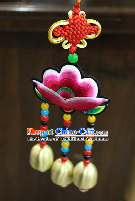 Traditional Chinese Miao Nationality Crafts Jewelry Accessory, Hmong Handmade Copper Bells Tassel Chinese Knot Embroidery Pendant, Miao Ethnic Minority Haven Evil Bell Car Accessories Pendant