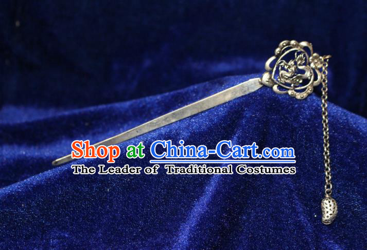 Traditional Chinese Miao Nationality Crafts Jewelry Accessory Classical Hair Accessories, Hmong Handmade Miao Silver Dragon Palace Lady Tassel Hair Sticks Hair Claw, Miao Ethnic Minority Hair Fascinators Hairpins for Women