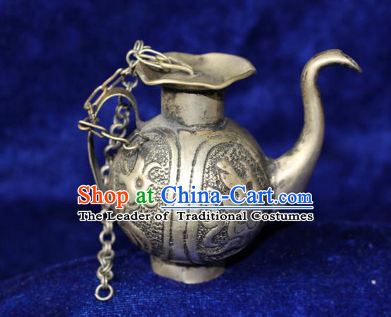 Traditional Chinese Miao Nationality Crafts Accessory, Hmong Handmade Miao Silver Kettle, Miao Ethnic Minority Palace Silver Wine Pot