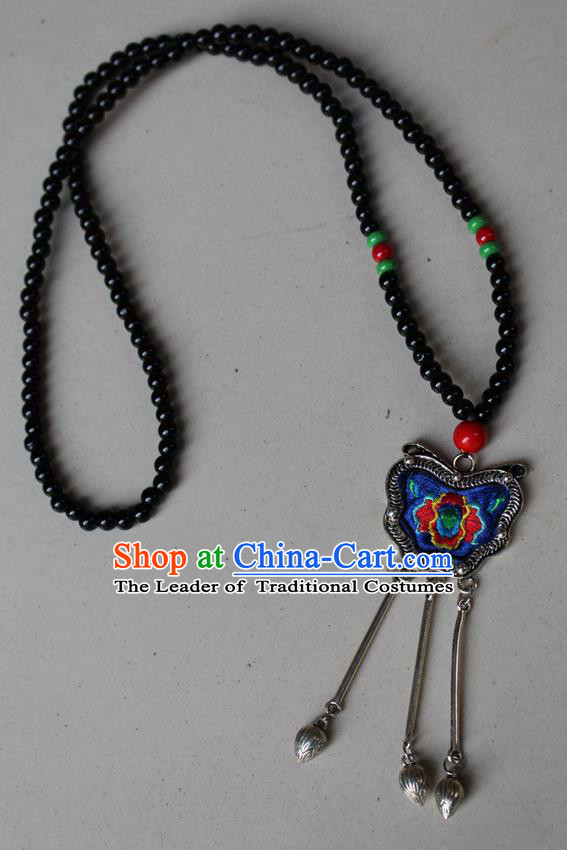 Traditional Chinese Miao Nationality Crafts Jewelry Accessory, Hmong Handmade Miao Silver Beads Tassel Embroidery Flowers Pendant, Miao Ethnic Minority Bells Necklace Accessories Sweater Chain Pendant for Women