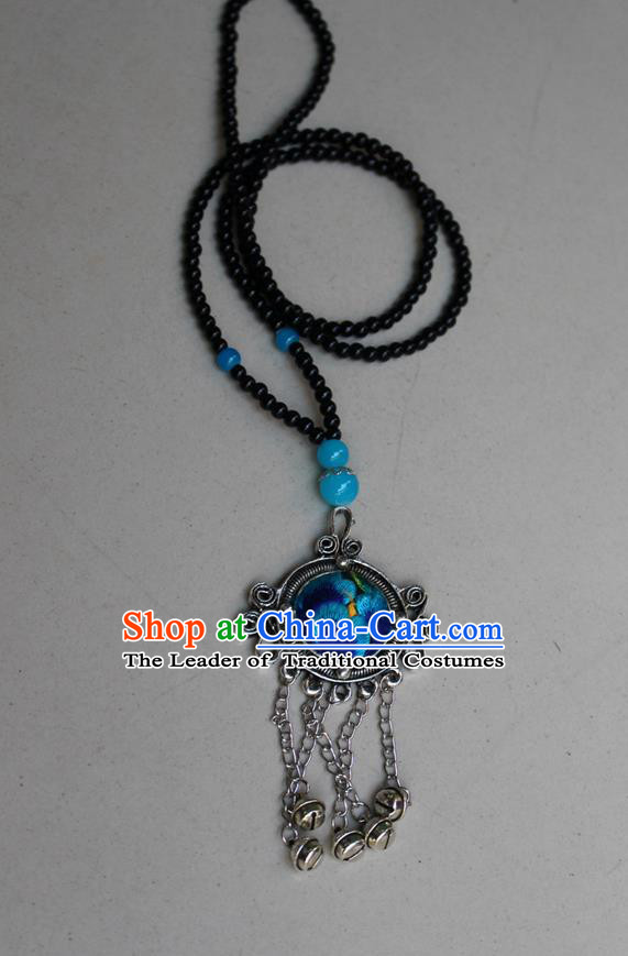 Traditional Chinese Miao Nationality Crafts Jewelry Accessory, Hmong Handmade Miao Silver Bells Tassel Double Side Embroidery Flowers Round Pendant, Miao Ethnic Minority Bells Necklace Accessories Sweater Chain Pendant for Women