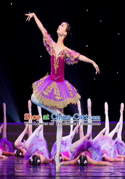 Traditional Modern Dancing Compere Costume, Women Opening Classic Chorus Singing Group Dance Bubble Dress Tu Tu Dancewear, Modern Dance Classic Ballet Dance Purple Veil Dress for Kids