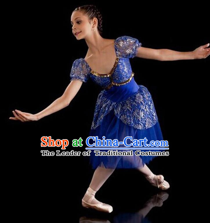 Traditional Modern Dancing Compere Costume, Female Opening Classic Chorus Singing Group Dance Bubble Dress Tu Tu Dancewear, Modern Dance Classic Ballet Dance Blue Veil Dress for Women