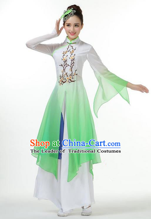 Traditional Chinese Yangge Fan Dancing Costume, Folk Dance Yangko Mandarin Sleeve Dress and Pants Plum Blossom Uniforms, Classic Umbrella Dance Elegant Dress Drum Dance Green Clothing for Women