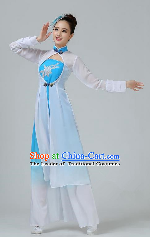 Traditional Chinese Yangge Fan Dancing Costume, Folk Dance Yangko Mandarin Sleeve Dress and Pants Paillette Uniforms, Classic Umbrella Lotus Dance Elegant Dress Drum Dance Blue Clothing for Women