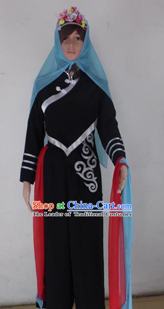 Traditional Chinese Yi Nationality Dancing Costume, Folk Dance Ethnic Dress Palace Princess Uniform, Chinese Yi Minority Nationality Dancing Black Clothing for Women