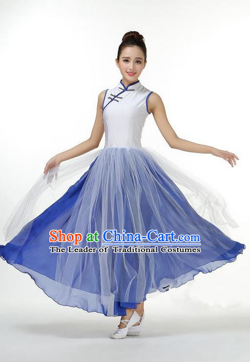 Traditional Modern Dancing Costume, Opening Classic Chorus Singing Group Dance Big Swing Blue Long Cheongsam Dress, Modern Dance Classic Ballet Dance Latin Dance Dress for Women