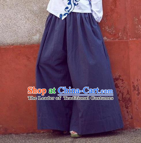 Traditional Ancient Chinese National Costume Loose Pants, Elegant Hanfu Pants, China Tang Suit Linen Navy Wide Leg Pants for Women