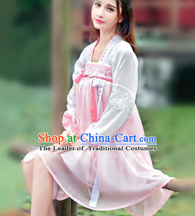 Traditional Ancient Chinese Ancient Costume, Elegant Hanfu Clothing Embroidered Pink Dress, China Tang Dynasty Blouse and Skirt Complete Set for Women