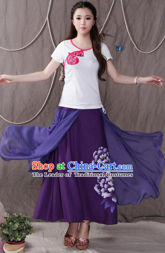 Traditional Ancient Chinese National Pleated Skirt Costume, Elegant Hanfu Printing Peony Big Swing Long Dress, China Tang Suit Cotton Purple Bust Skirt for Women