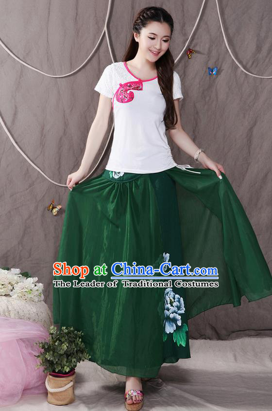 Traditional Ancient Chinese National Pleated Skirt Costume, Elegant Hanfu Printing Peony Big Swing Long Dress, China Tang Suit Cotton Green Bust Skirt for Women