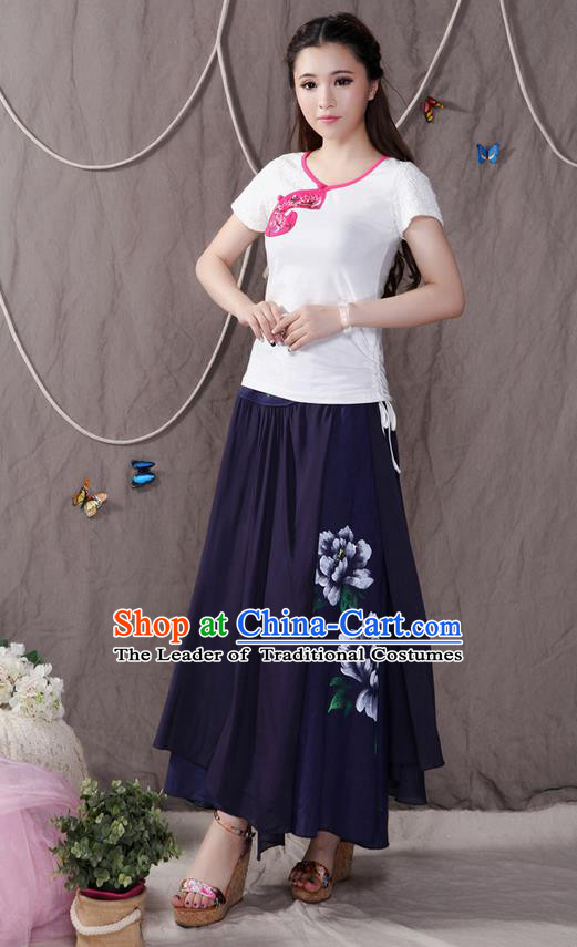 Traditional Ancient Chinese National Pleated Skirt Costume, Elegant Hanfu Printing Peony Big Swing Long Dress, China Tang Suit Cotton Navy Bust Skirt for Women