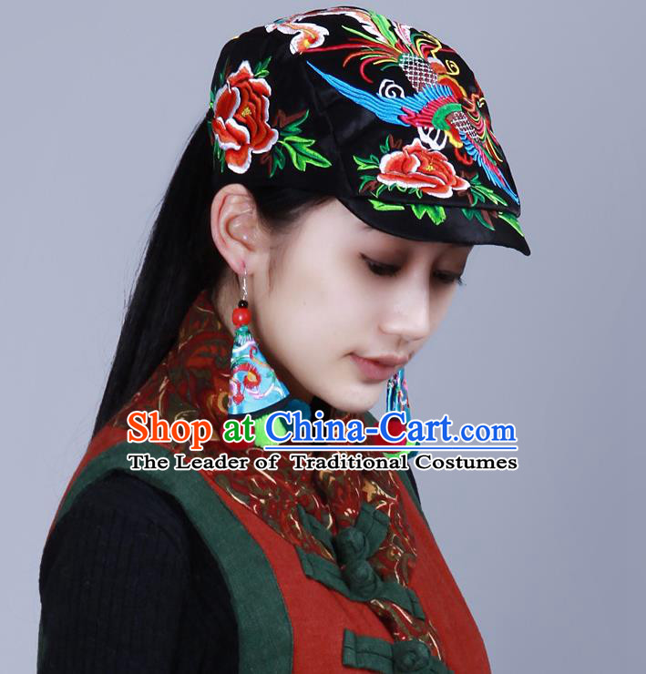 Traditional Chinese National Embroidered Phoenix Crafts Headgear, China National Minority Handmade Embroidered Black Cap for Women