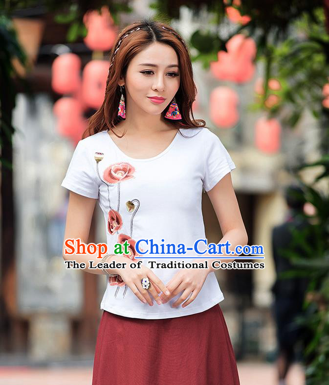 Traditional Ancient Chinese National Costume, Elegant Hanfu T-Shirt, China Tang Suit White Embroidered Blouse Cheongsam Upper Outer Garment Shirt Clothing for Women