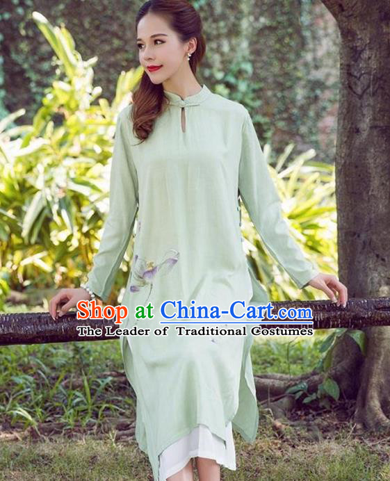 Traditional Ancient Chinese National Costume, Elegant Hanfu Green Printing Dress, China National Minority Tang Suit Cheongsam Upper Outer Garment Dress Clothing for Women