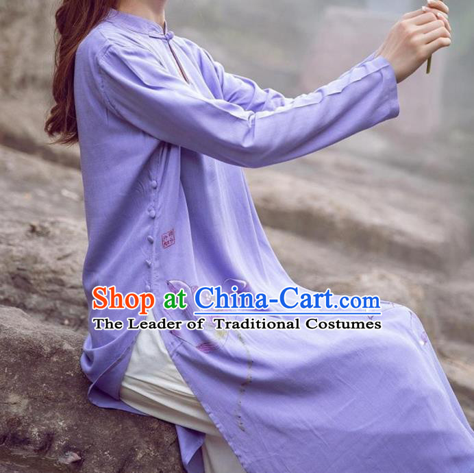 Traditional Ancient Chinese National Costume, Elegant Hanfu Purple Printing Dress, China National Minority Tang Suit Cheongsam Upper Outer Garment Dress Clothing for Women