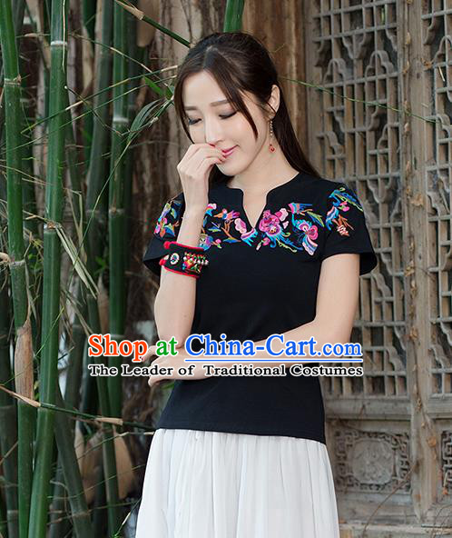 Traditional Ancient Chinese National Costume, Elegant Hanfu Short Sleeve T-Shirt, China Tang Suit Embroidered Black Blouse Cheongsam Upper Outer Garment Shirts Clothing for Women