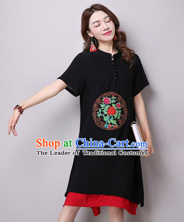 Traditional Ancient Chinese National Costume, Elegant Hanfu Stand Collar Embroidered Flax Dress, China Tang Suit Mandarin Collar Cheongsam Upper Outer Garment Black Dress Clothing for Women