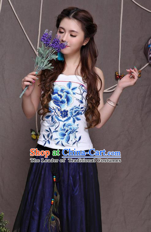 Traditional Ancient Chinese National Costume, Elegant Hanfu Halter Camisole Sleeveless Vests, China National Minority Tang Suit White Embroidered Blue Peony Waistcoat Upper Outer Garment Clothing for Women