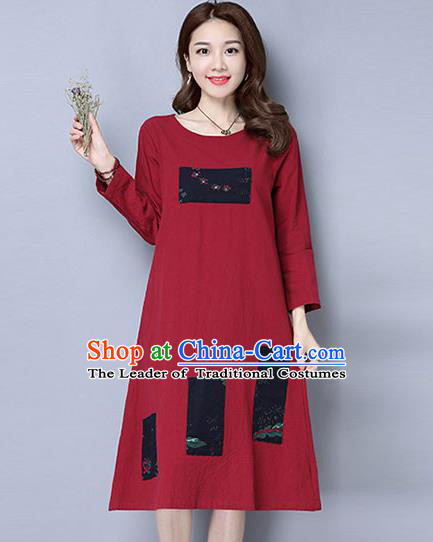 Traditional Ancient Chinese National Costume, Elegant Hanfu Hand Printing Linen Dress, China Tang Suit Cheongsam Upper Outer Garment Red Elegant Dress Clothing for Women