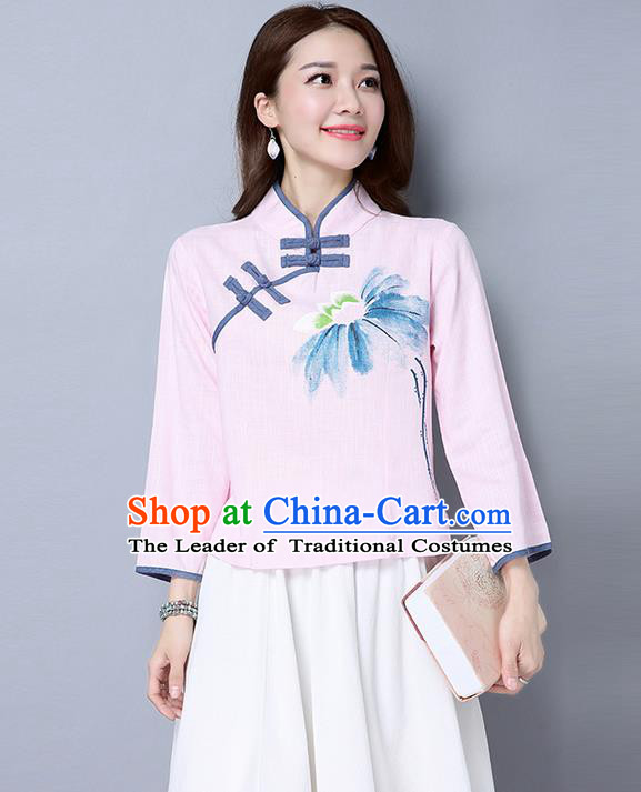 Traditional Ancient Chinese National Costume, Elegant Hanfu Plated Buttons Shirt, China Tang Suit Printing Pink Blouse Cheongsam Upper Outer Garment Qipao Shirts Clothing for Women