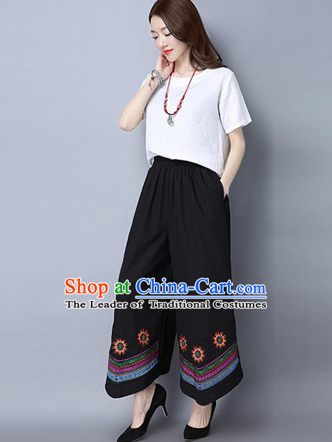 Traditional Ancient Chinese National Costume Loose Pants, Elegant Hanfu Pants, China Tang Suit Linen Black Embroidered Wide Leg Pants for Women