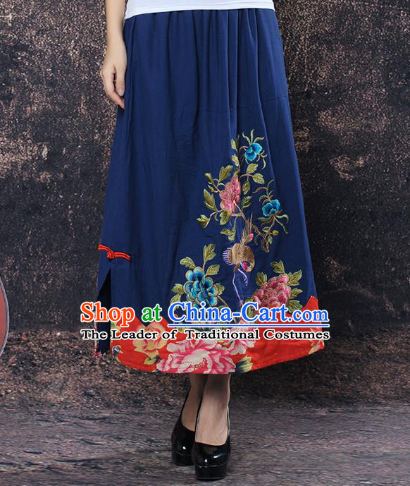 Traditional Ancient Chinese National Pleated Skirt Costume, Elegant Hanfu Embroidered Peony Big Swing Long Dress, China Tang Suit Cotton Navy Bust Skirt for Women