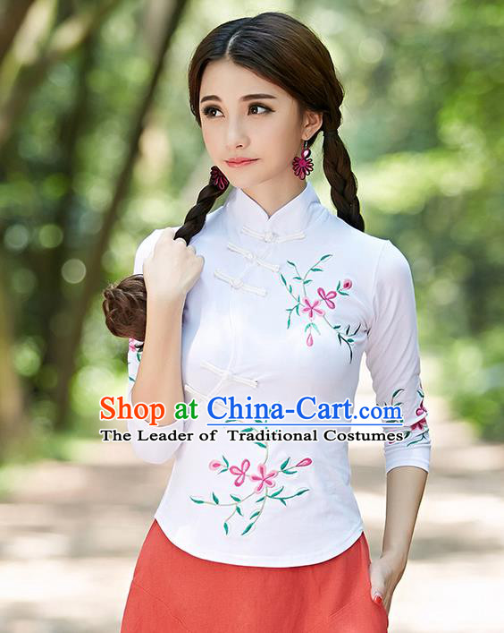 Traditional Ancient Chinese National Costume, Elegant Hanfu Plated Buttons White Shirt, China Tang Suit Embroidery Plum Blossom Blouse Cheongsam Blouse Upper Outer Garment Shirt Clothing for Women