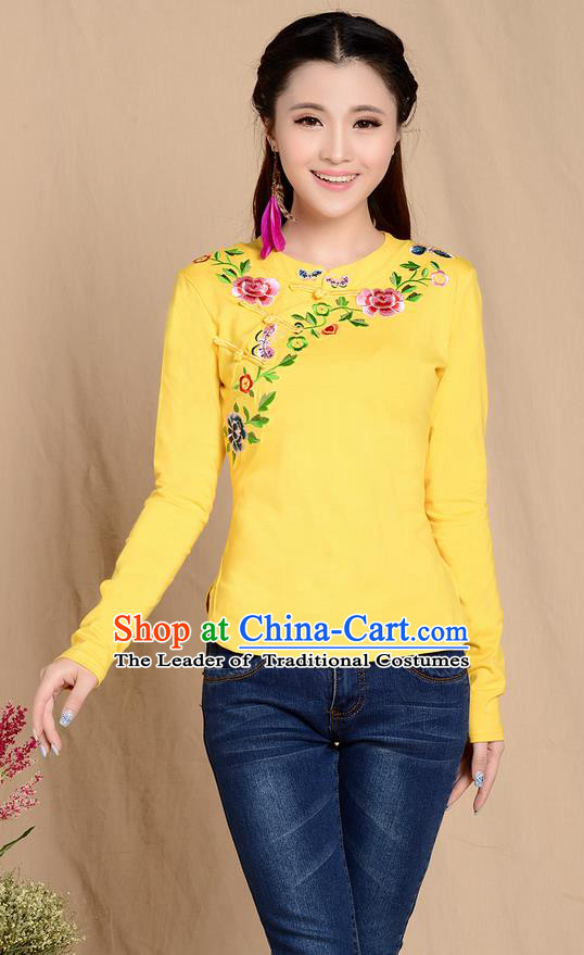 Traditional Ancient Chinese National Costume, Elegant Hanfu Plated Buttons Stand Collar Embroidered Shirt, China Tang Suit Embroidering Flower Yellow Blouse Cheongsam Upper Outer Garment Shirts Clothing for Women