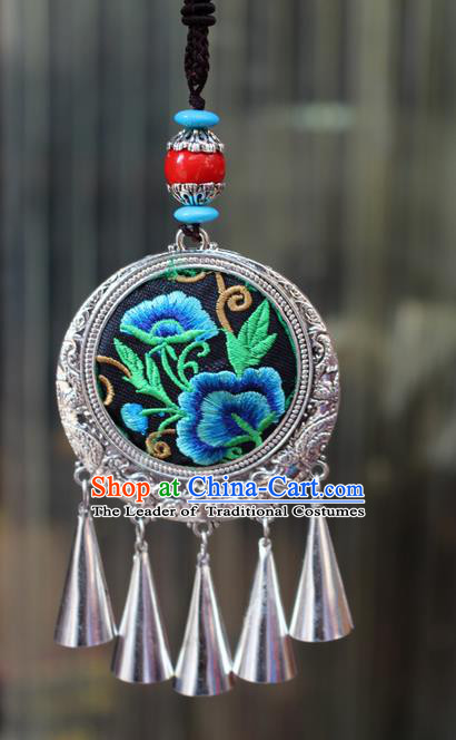 Traditional Chinese Miao Nationality Crafts Jewelry Accessory, Hmong Handmade Miao Silver Tassel Double Side Embroidery Flowers Pendant, Miao Ethnic Minority Bells Black Rope Necklace Accessories Sweater Chain Pendant for Women