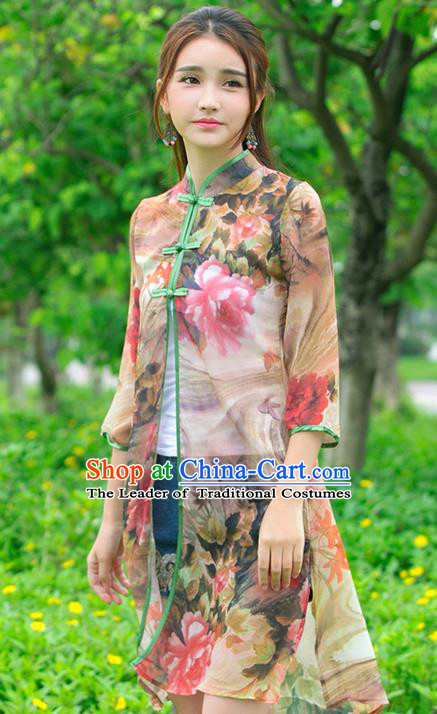 Traditional Ancient Chinese National Costume, Elegant Hanfu Chiffon Cardigan Coat, China Tang Suit Plated Buttons Cape, Upper Outer Garment Red Dust Coat Cloak Clothing for Women