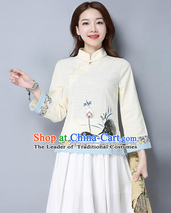 Traditional Ancient Chinese National Costume, Elegant Hanfu Stand Collar Plated Buttons Qipao T-Shirt, China Tang Suit Ink Painting Apricot Blouse Cheongsam Upper Outer Garment Shirts Clothing for Women