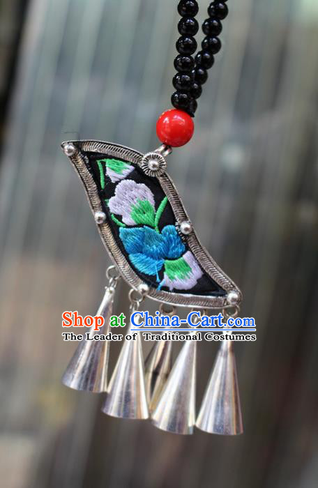 Traditional Chinese Miao Nationality Crafts Jewelry Accessory, Hmong Handmade Miao Silver Bells Tassel Double Side Embroidery Flowers Pendant, Miao Ethnic Minority Bells Necklace Accessories Sweater Chain Pendant for Women