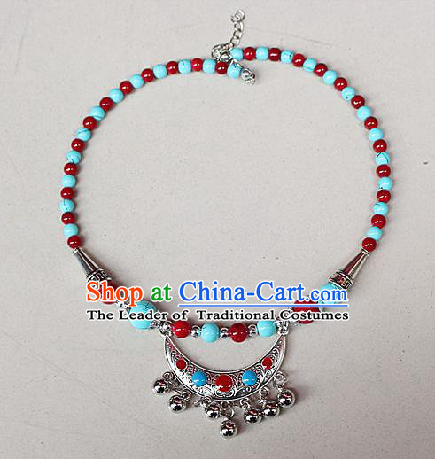 Traditional Chinese Miao Nationality Crafts Jewelry Accessory, Hmong Handmade Miao Silver Bells Tassel Collar, Miao Ethnic Minority Beads Necklace Accessories Headwear for Women