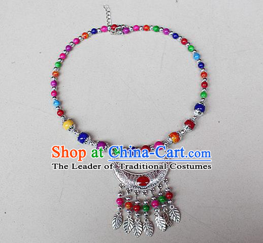 Traditional Chinese Miao Nationality Crafts Jewelry Accessory, Hmong Handmade Miao Silver Bells Tassel Collar, Miao Ethnic Minority Beads Necklace Accessories Headwear for Women