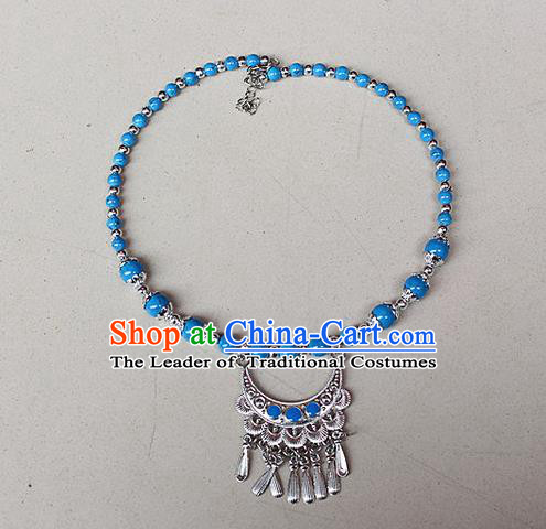 Traditional Chinese Miao Nationality Crafts Jewelry Accessory, Hmong Handmade Miao Silver Bells Tassel Collar, Miao Ethnic Minority Beads Necklace Accessories Headwear for Women