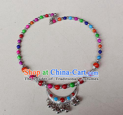 Traditional Chinese Miao Nationality Crafts Jewelry Accessory, Hmong Handmade Miao Silver Bells Tassel Collar, Miao Ethnic Minority Beads Necklace Accessories Headwear for Women