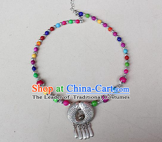 Traditional Chinese Miao Nationality Crafts Jewelry Accessory, Hmong Handmade Miao Silver Bells Tassel Collar, Miao Ethnic Minority Beads Necklace Accessories Headwear for Women