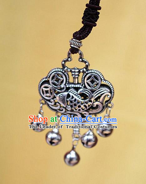 Traditional Chinese Miao Nationality Crafts Jewelry Accessory, Hmong Handmade Miao Silver Bells Tassel Longevity Lock Fish Pendant, Miao Ethnic Minority Necklace Accessories Sweater Chain Pendant for Women