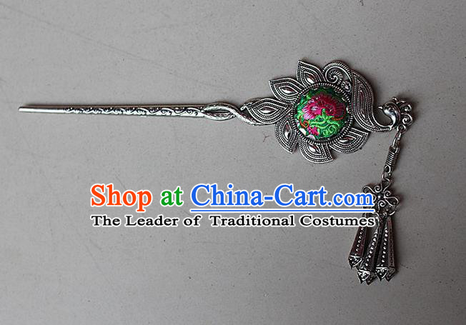 Traditional Chinese Miao Nationality Crafts Jewelry Accessory Classical Hair Accessories, Hmong Handmade Miao Silver Phoenix Palace Lady Tassel Embroidery Hair Sticks Hair Claw, Miao Ethnic Minority Hair Fascinators Hairpins for Women