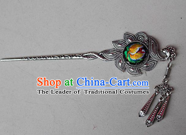 Traditional Chinese Miao Nationality Crafts Jewelry Accessory Classical Hair Accessories, Hmong Handmade Miao Silver Phoenix Palace Lady Tassel Embroidery Hair Sticks Hair Claw, Miao Ethnic Minority Hair Fascinators Hairpins for Women