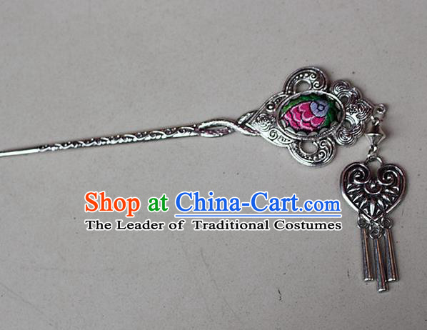 Traditional Chinese Miao Nationality Crafts Jewelry Accessory Classical Hair Accessories, Hmong Handmade Miao Silver Phoenix Palace Lady Tassel Embroidery Hair Sticks Hair Claw, Miao Ethnic Minority Hair Fascinators Hairpins for Women