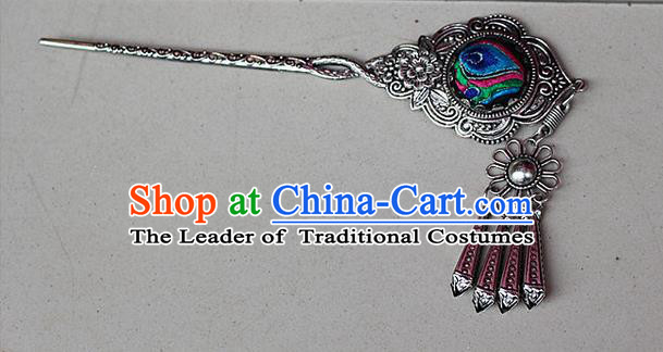 Traditional Chinese Miao Nationality Crafts Jewelry Accessory Classical Hair Accessories, Hmong Handmade Miao Silver Phoenix Palace Lady Tassel Embroidery Hair Sticks Hair Claw, Miao Ethnic Minority Hair Fascinators Hairpins for Women