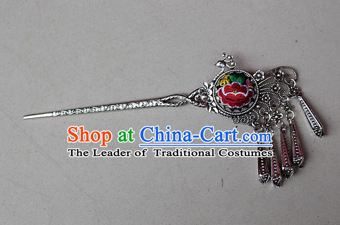 Traditional Chinese Miao Nationality Crafts Jewelry Accessory Classical Hair Accessories, Hmong Handmade Miao Silver Phoenix Palace Lady Tassel Embroidery Hair Sticks Hair Claw, Miao Ethnic Minority Hair Fascinators Hairpins for Women