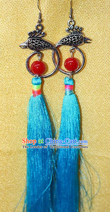 Traditional Chinese Miao Nationality Crafts Jewelry Accessory Classical Earbob Accessories, Hmong Handmade Miao Silver Phoenix Palace Lady Blue Silk Tassel Earrings, Miao Ethnic Minority Eardrop for Women